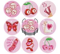 GEEHEIY 8 Pcs Pink Disco Diamond Art Coasters Kit for Adults, 5D DIY Diamond Painting Coasters with Holder & Cork Backing, Cute Retro Gem Art Craft Kit for Pink Room Decor, Girls Gifts & Housewarming