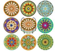 GEEHEIY Mandala Diamond Painting Coasters Kit for Adults, 8PCS DIY Gem Art Coasters with Holder, Boho Table Decor & Mindfulness Craft Gift Set