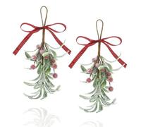 GEEHUA 2 Pcs Christmas Mistletoe Decor, Xmas Mistletoe Hanging Ornament with Plaid Bow, Artificial Red Berry Mistletoe Decorations Glitter Christmas Tree Accessories Mistletoe Kissing Ball(Red)