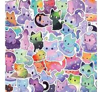 GEEHUA 50 Pcs Rainbow Starry Sky Cat Stickers, Cartoon Animal Cat Sticker Kawaii Aesthetic Decals Waterproof Self Adhesive Vinyl Stickers for Computer Laptop Scrapbooking Planner Journals