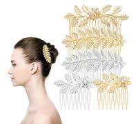 GEEHUA 5Pcs Metal Leaf Hair Side Combs, Gold Silver Rhinestone Hair Combs French Twist Flower Hair Clips with Teeth Fancy Side Comb Wedding Bridal Jewelry Hair Clip Hair Accessories for Women Girls