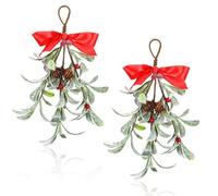 GEEHUA Mistletoe Christmas Tree Decor, Artificial Mistletoe Hanging Ornament with Bow, Xmas Mistletoe Hanging Bunch Glitter Christmas Tree Accessories Mistletoe Kissing Ball Decoration for Tree Door