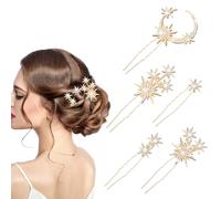GEEHUA Pack of 5 Hair Clips with Rhinestones, Star and Moon, Sparkling Crystals, Bridal Hairpieces, Star Moon Wedding Hair Clips, Accessories Headpiece for Women and Girls (Gold)