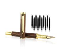 GEEHUA Vintage Wooden Fountain Pen Set, 0.5mm Fine Nib with 10pcs 2.6mm Ink Cartridges Business Retro Wood Fountain Pen Smooth Writing Calligraphy Pen for Signature Journal Office(Brown)