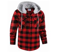 GEEK LIGHTING Men's Plaid Shirt Checked Shirts Mens Flannel Shirt Button Down Long Sleeve with Drawstring Casual Double Chest Pockets Classic Shirt Jacket L Red