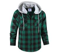 GEEK LIGHTING Men's Plaid Shirt Checked Shirts Mens Flannel Shirt Button Down Long Sleeve with Drawstring Casual Double Chest Pockets Classic Shirt Jacket XL Green
