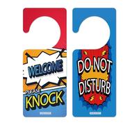 GEEKBEAR Do Not Disturb Door Hanger Sign (10. Comic) - 2 Pack - Reversible and Double Sided Privacy Office Sign - Please Do Not Disturb on Front and Welcome Please Knock on Back Side