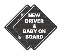 GEEKBEAR New Driver and Baby on Board Car Sign - Sticker or Magnet & Color Options, Weather-Resistant - Diamond Shape 6.8 x 6.8 in (Black, See-Through Sticker)