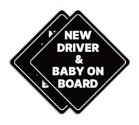 GEEKBEAR New Driver and Baby on Board Car Sign - Sticker or Magnet & Color Options, Weather-Resistant - Diamond Shape 6.8 x 6.8 in (Black, Reflective Magnet)