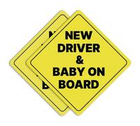 GEEKBEAR New Driver and Baby on Board Car Sign - Sticker or Magnet & Color Options, Weather-Resistant - Diamond Shape 6.8 x 6.8 in (Yellow, See-Through Sticker)
