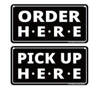 GEEKBEAR Order Here and Pick Up Here Signs (Black) - Premium Order Here Pick Up Here Signs with Special Hanging Hooks Attachable to Ceiling - 12" X 6" - 2 Pack