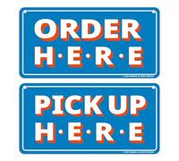GEEKBEAR Order Here and Pick Up Here Signs (Blue) - Premium Order Here Pick Up Here Signs with Special Hanging Hooks Attachable to Ceiling - 12" X 6" - 2 Pack