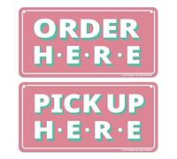 GEEKBEAR Order Here and Pick Up Here Signs (Pink) - Premium Order Here Pick Up Here Signs with Special Hanging Hooks Attachable to Ceiling - 12" X 6" - 2 Pack