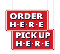 GEEKBEAR Order Here and Pick Up Here Signs (Red) - Premium Order Here Pick Up Here Signs with Special Hanging Hooks Attachable to Ceiling - 12" X 6" - 2 Pack