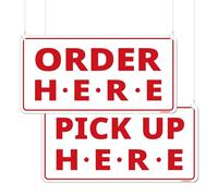 GEEKBEAR Order Here and Pick Up Here Signs (White) - Premium Order Here Pick Up Here Signs with Special Hanging Hooks Attachable to Ceiling - 12" X 6" - 2 Pack