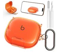 Geekboy Case for Beats Powerbeats Fit 2025, Clear TPU Protective Cover with Premium Metal Carabiner & Cleaning Kit, Shockproof Skin for Powerbeats Fit Case Cover (Clear Orange)