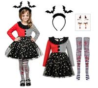 GEEKEO 4Pcs Girls Halloween Clown Costume, Black and Red Scary Dress Outfit, Creepy Chucky Joker Costume Accessory with Bat Headband,Tulle Skirt, Over-The-Knee Socks, Sticker