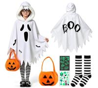 GEEKEO Ghost Costume Kids, 5 pcs Hooded Ghost Cape, Pumpkin Bag, Glow In The Dark Stickers, Over The Knee Socks, Glasses Outfit Wizard Boy Girl for Halloween Cosplay Party Costumes Robe Fancy Dress