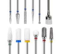GeekerChip 12 Nail Drill Set, Drill Bits for Nails, 2 Pieces Tungsten Carbide Nail Cutter Bits, 4 Pieces Ceramic Nail Drill Bits, 5 Pieces Diamond Drill Bits + 1 Piece Brush, 3/32 Inch Nail Bits for