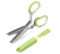 GEEKHOM Herb Scissors, Kitchen Herb Shears 5 Stainless Steel Blades Cutter Sharp Cooking Scissors with Safety Cover and Cleaning Comb for Chopping Chive Onion Cilantro Vegetables, Green, (SS402-06)