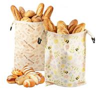 GEEKHOM Reusable Storage Beeswax Bread Bags: 2 Pcs Washable Breathable Cotton Linen Bags With Zipper Closure For Homemade Sourdough & Artisan Loaves, Food Safe To Keep Freshness Longer (40x30cm)