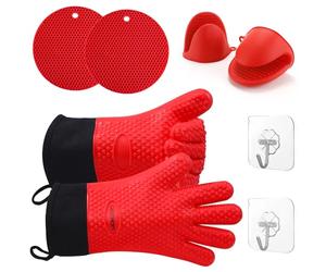 GEEKHOM Silicone Oven Gloves Set, Heat Resistant Oven Mitts and Pot Holders with Sticky Hook Waterproof Non-Slip Kitchen Gloves with Fingers for Cooking Baking Barbecue Grilling Microwave, Red