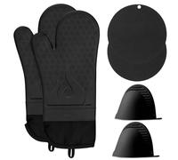 GEEKHOM Silicone Oven Gloves Set, Heat Resistant Oven Mitts Kitchen Cooking Gloves with Pinch Grip Pot Holder Trivet Gloves Waterproof Gloves Accessories for BBQ Grilling Baking Frying Barbecue, Black