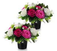 GeekLeaf 2 Pcs Artificial Flowers for Graves, Cemetery Roses Grave Flowers Pots, Artificial Silk Memorial Arrangement - Fake Bouquet in Pot for Graveside (Purple White)