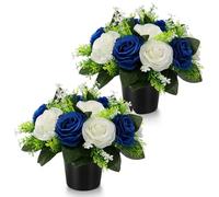 GeekLeaf 2 Pcs Artificial Flowers for Graves, Grave Flowers Pots Blue White | Cemetery Artificial Silk Memorial Arrangement - Fake Bouquet in Pot for Graveside(White + Blue)