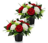 GeekLeaf 2 Pcs Artificial Flowers for Graves, Grave Flowers Pots Red White | Cemetery Artificial Silk Memorial Arrangement - Fake Bouquet in Pot for Graveside (Red White)