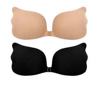 GEEKPC Adhesive Strapless Bra with Front Clasp, Stick On Backless Push Up Bra for Low Cut Dresses, Off Shoulder Tops, Weddings and Parties (Black B + Nude B)