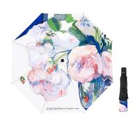 GEEKPC Compact Folding Sun Umbrella, UPF 50+, Floral Print, 98 cm Canopy | Dual-layer black coating, double canopy, reinforced ribs, manual opening, 28 cm folded, 290g, for commutes & travel