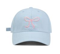 GEEKPC Light Blue Bow Embroidered Baseball Cap for Women Sun Protection & Outdoor Activities - Adjustable Wide Brim Hat for Hiking Tennis Golf Casual Wear & Travel, Stylish Pink Embroidered