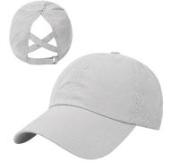 GEEKPC Light Grey Women's Baseball Cap with Ponytail Hole & Quick-Dry Breathable Mesh, Adjustable Crisscross Back Strap for High Ponytails & Buns, Foldable Pre-Curved Brim Sun Hat for Hiking