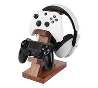 GEEKRIA Solid Wood Dual Gamepad and Headphone Stand, Controller Storage Holder for PS4, PS5, Xbox, Switch, 8BitDo, Universal Desk Game Accessories