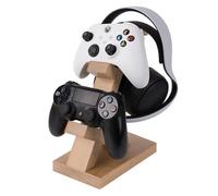 GEEKRIA Solid Wood Dual Gamepad and Headphone Stand, Controller Storage Holder for PS4, PS5, Xbox, Switch, 8BitDo, Universal Desk Game Accessories (Light Brown)