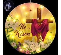 Geelin 11 Inch Easter Window Light He is Risen Decorations Spring Christian Jesus Cross Religious Sign LED Happy Easter Party Supplies for Indoor and Outdoor Farmhouse Wall Decor (Cross)