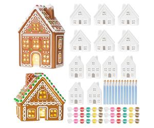 Geelin 12 Sets DIY Ceramic Christmas Gingerbread House Sets Unpainted Gingerbread Houses with Paints Brushes Coloring Xmas Craft Kit for Kids Adult Christmas Party Game Decor, Without Light String