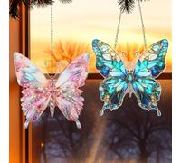 Geelin 2 Pcs Stained Glass Acrylic Butterfly Ornament Colorful Suncatcher Window Hanging Home Garden Decor Birthday for Women & Nature Lovers