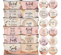 Geelin 24 Pcs Christian Gifts Bulk for Women 12 Religious Canvas Makeup Bags 12 Boho Bible Verse Compact Mirrors Inspirational Church Party Gifts for Women Mother Sister