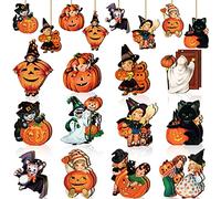 Geelin 24 Pcs Vintage Halloween Ornaments for Tree Decorations Black Cat Pumpkin Wood Cutout Bat Hanging Pendants Retro Halloween Decor for Small Tree Holiday Party Home