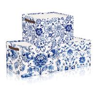 Geelin 3 Pcs Blue and White Porcelain Storage Basket for Gifts Collapsible Waterproof Canvas Decorative Storage Boxes Bin Organizer with Handles for Book Closet Shelf Nursery Decor