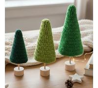 Geelin 3 Pcs Mini Crochet Christmas Trees Table Decorations Green Xmas Trees Table Centerpieces Handmade Pearl Crochet with Stand Decor for Home Office Fireplace Holiday Party Farmhouse