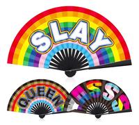Geelin 3 Pcs Rainbow Folding Fans Yasss Slay Queen Hand Held Foldable Rave Fans Large for Gay Pride Parade LGBTQ Party Stuff Accessories