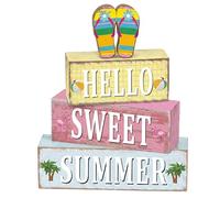 Geelin 4 Pcs Summer Flip Flop Wooden Table Decorations Hello Summer Centerpiece Tiered Tray Decor Beach Farmhouse Blocks Table Top Sign for Home