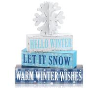Geelin 4 Pieces Hello Winter Wooden Table Decorations Let It Snow Wooden Signs Rustic Snowflake Tiered Tray Decor Winter Wishes Tabletop Centerpieces for Home Desk Room Kitchen Shelf
