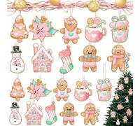 Geelin 40 Pcs Christmas Gingerbread Decorations Wooden Baking Theme Christmas Tree Hanging Gingerbread Ornaments Pie Decoration for Xmas Tree Festive Season Holiday Party (Pastel)