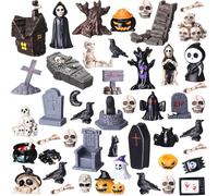 Geelin 48 Pcs Halloween Miniatures Figurines Village Mini Resin Halloween Village Ornaments Crafts Crow Horror Figurines Tombstones Skeleton Pumpkin Ghost for Party Favors, Tabletop Decor Gifts