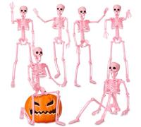 Geelin 6 Pack Halloween Hanging Skeleton Decoration 16” Posable Pink Plastic Skeleton with Movable Joints Small Spooky Scary Hanging Skeletons for Yard Garden Lawn Haunted House and Graveyard Props