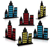 Geelin 6 Pcs Skyscraper Party Decorations Wooden Skyscraper Table Decorations City Skyline Silhouette Centerpiece Sign Decor for Hero Theme Comic Birthday Party Supplies(Solid Style,Multicolor)